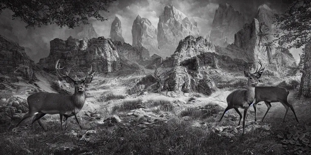 Image similar to rotting deer, dolomites, alpine, detailed intricate insanely detailed octane render, 8k artistic 1920s photography, photorealistic, black and white, chiaroscuro, hd, by David Cronenberg, Raphael, Caravaggio