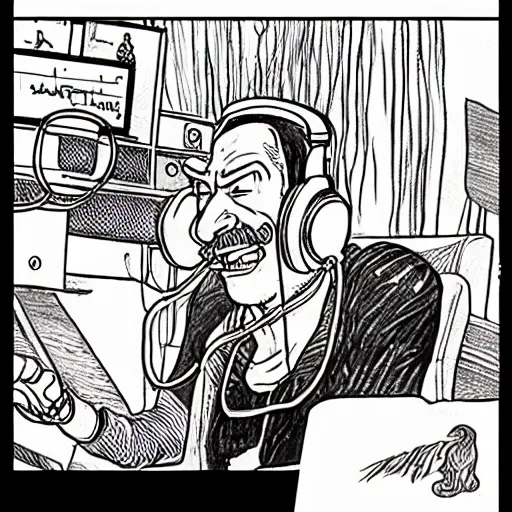 Image similar to drawn in the style of jean giraud!! rackham the red wearing headphones and speaking into big microphone, podcast studio