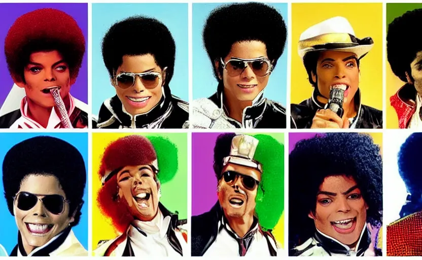 Prompt: Every era of Michael Jackson represented as all the members of the Jackson 5