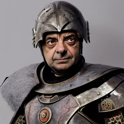 Image similar to photo of rowan atkinson in mandelorian armor helmet off, high res, realistic, high detail