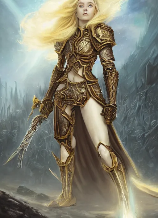 Image similar to Elle Fanning a Warhammer 40k paladin, glorious LONG BLOND hair, by Ivan Aivakovsky, by Boris Vallejo, epic fantasy character art, D&D Concept Art, full length, Realistic, Regal, Refined, Detailed Digital Art, Oil Paining, Exquisite detail, post-processing, masterpiece, Cinematic Lighting, Unreal Engine, 8k, HD