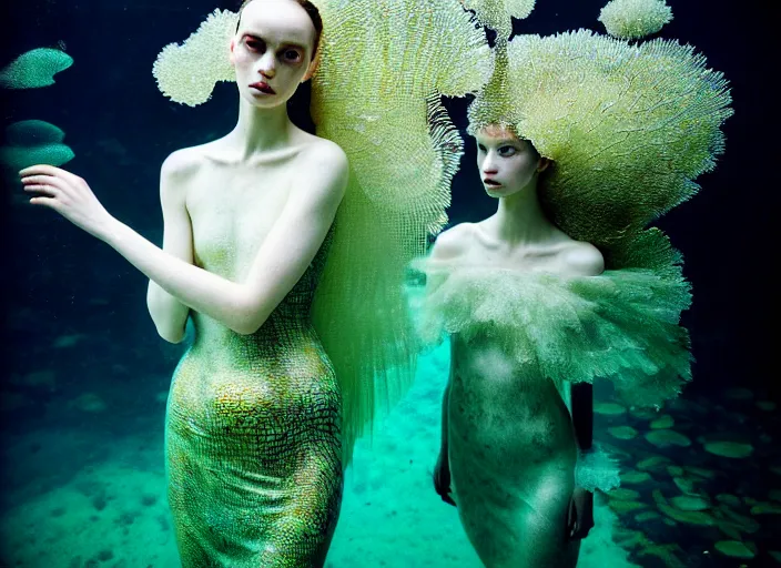 Image similar to kodak portra 4 0 0 photo portrait of a beautiful sirens floating in a crystal tank in style of tim walker, amphibian skin dress intricate detailed scales, 5 0 mm lens, f 2. 4, elegant, highly detailed, sharp focus, ethereal, out worldly colours, emotionally evoking, head in focus, soft blur light dreamy underwater, volumetric lighting, epic fantasy