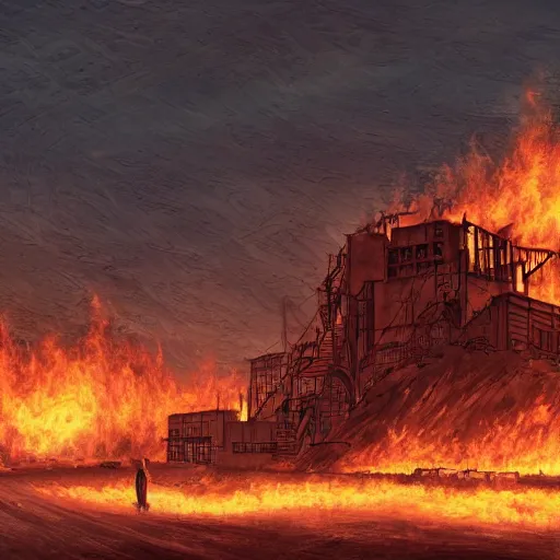 Image similar to a burning factory in the middle of a sandy desert. artstation. high-quality.