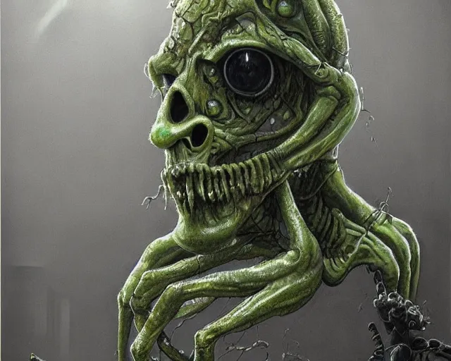 Image similar to Haunting horrifying hyperrealistic detailed painting of a tall slim spider extraterrestrial creature made of concrete stone brick, gelatinous green goop, heavy metal, disgusting, creepy, unsettling, and bloodshot eyeballs, hyper detailed, trending on Artstation