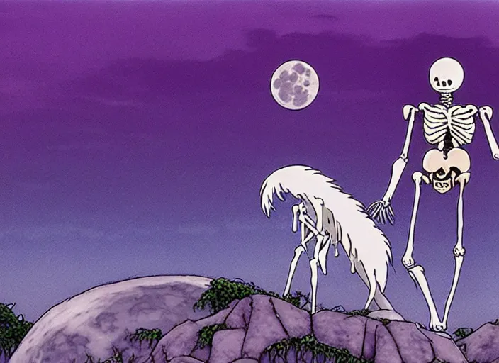 Prompt: a still from a studio ghibli movie of a purple cloaked skeleton necromancer from princess mononoke ( 1 9 9 7 ), in front of a pale full moon, full body, wide shot, very dull muted colors, studio ghibli, highly detailed, deviantart, art by artgem