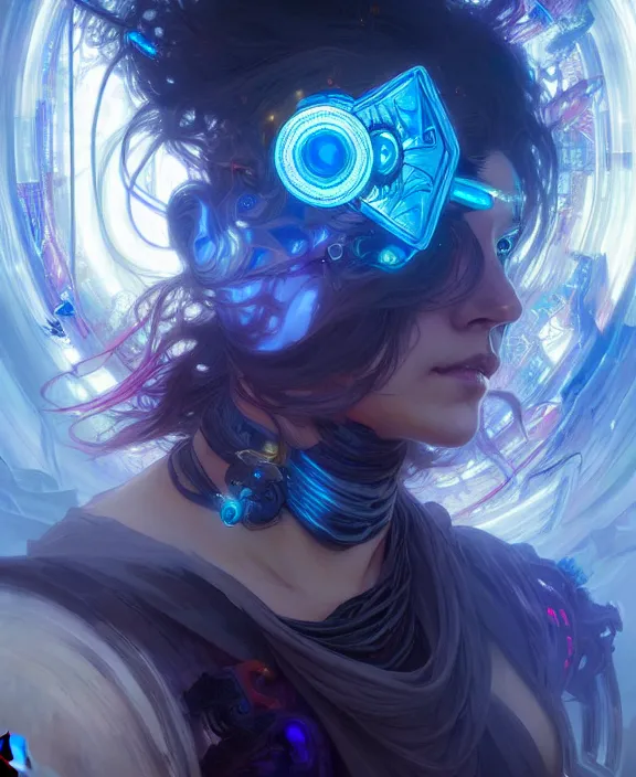 Image similar to a whirlwind of souls rushing inside a cyberpunk metaverse, half body, blue glowin eyes, d d, fantasy, intricate, elegant, highly detailed, colorful, vivid color, digital painting, artstation, concept art, art by artgerm and greg rutkowski and alphonse mucha and ruan jia