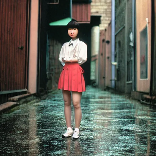 Image similar to 1990s perfect 8K HD professional cinematic photo of close-up japanese schoolgirl posing in sci-fi dystopian alleyway at morning during rain, at instagram, Behance, Adobe Lightroom, with instagram filters, depth of field, taken with polaroid kodak portra