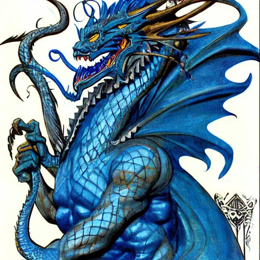 Image similar to half length portrait of a medieval d & d fantasy anthropomorphic blue dragon, comic book cover art by dave mckean