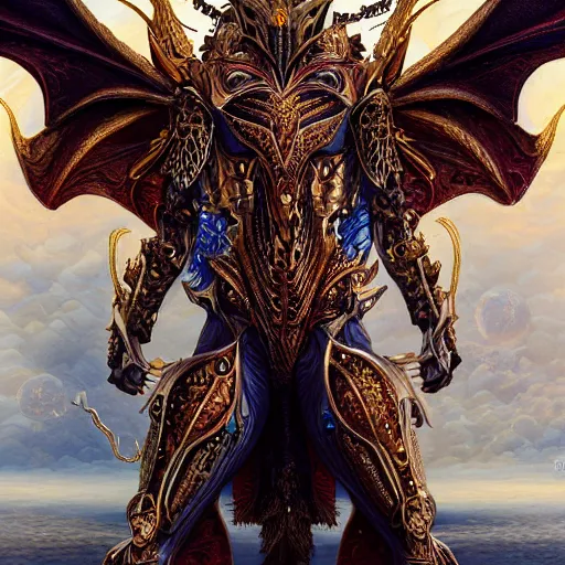 Prompt: a beautiful symmetrical muscular body wearing a dragon armor made of golden ornaments and gems, white wings by alex gray and android jones , Karol Bak, Ayami Kojima, Amano , concept art, character design, fantasy,3D, 8k resolution