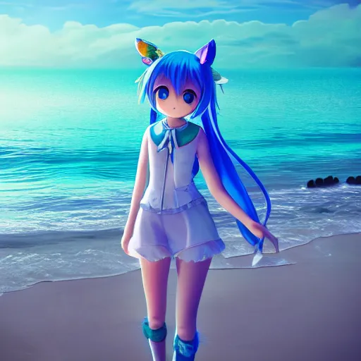 Image similar to photo of hatsune miku takes a walk on late evening beach, f 2,4