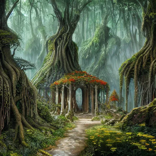 Image similar to a beautiful and highly detailed oil painting of an elven forest temple in the misty mountains, detailed plants and trees and flowers, intricate details, epic scale, insanely complex, 8 k, sharp focus, hyperrealism, fantasy landscape, psychedelic patterns, by caspar friedrich and james gurney,