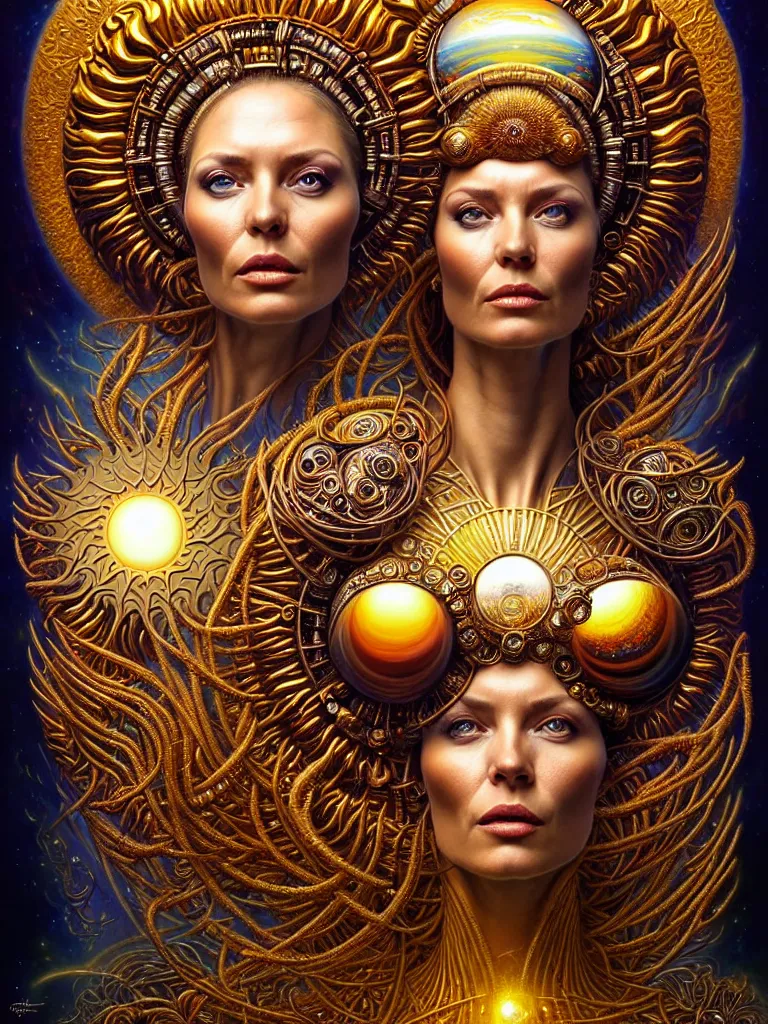 Image similar to hyper-realistic fullbody portrait. very complex hyper-maximalist overdetailed cinematic cosmic scifi portrait of an elegant very attractive sun goddess mother of the universe by andrei riabovitchev, tomasz alen kopera, oleksandra shchaslyva and peter morbacher. Extremely ornated and decorative. Fancy luxury beautiful. Omnious intricate. Secessionist portrait illustration. Goddess of the sky. Focus on face. Artstation. Deviantart. 8k 4k 64megapixel. Rendered by binx.ly.