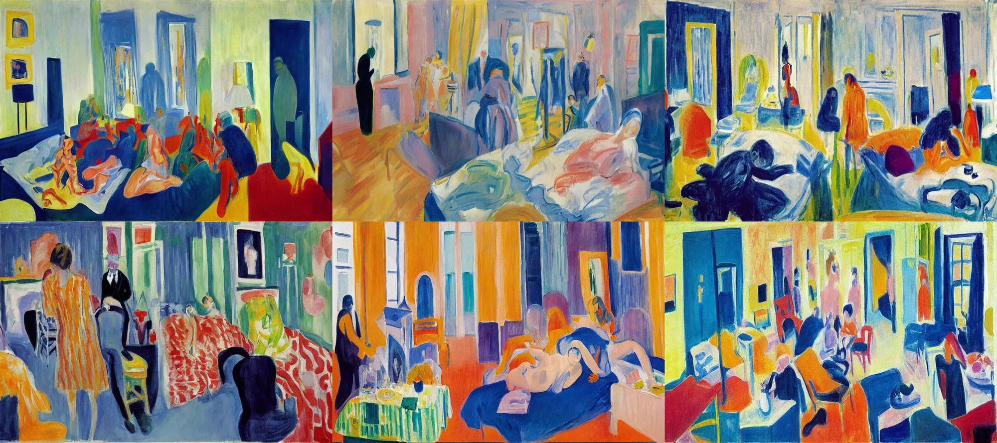 Prompt: “people in room of Chelsea hotel the morning after big party, by Raoul Dufy, by Carlos Nadal, by Paul wonner”