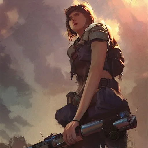 Image similar to fallout 5, charismatic beautiful rugged brunette female protagonist, portrait, outdoors tropical cityscape, atmospheric lighting, painted, intricate, volumetric lighting, beautiful, daytime, sunny weather, few clouds, sharp focus, deep colours, ultra detailed, art by krenz cushart and wenjun lin