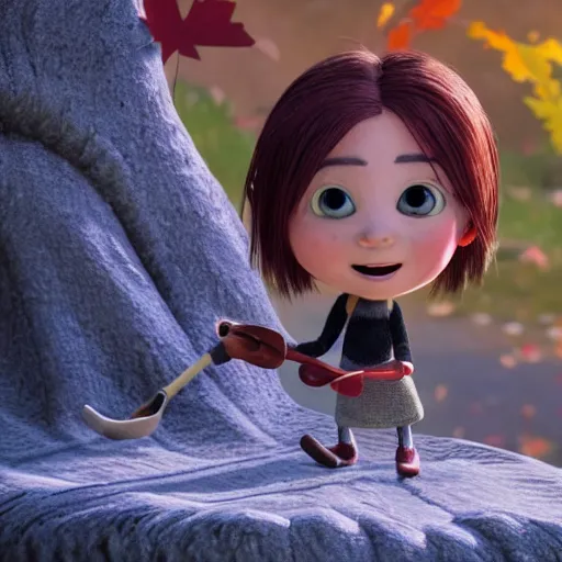 Prompt: a cute stopmotion animation character, a beautiful canadian woman, gardening, very attractive, spiky dark brown and grey hair, striped sweater, tight denim jeans, maroon doc marten boots, canadian maple leaves blowing about, mountains, autumn, unreal engine 5, 8 k, kubo and the two strings, disney, pixar,