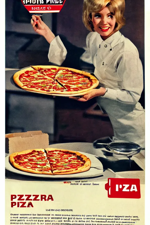 Prompt: pizza advert, from the 6 0 s, print on magazine