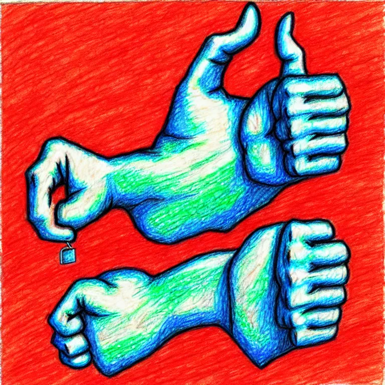 Image similar to Thumbs up; Thumbs down. Do you share your prompts around? If you take, I do not fret, but if I copy and also alter, will you regret, will our friendship falter? colored-pencil drawing as a fancy square tile