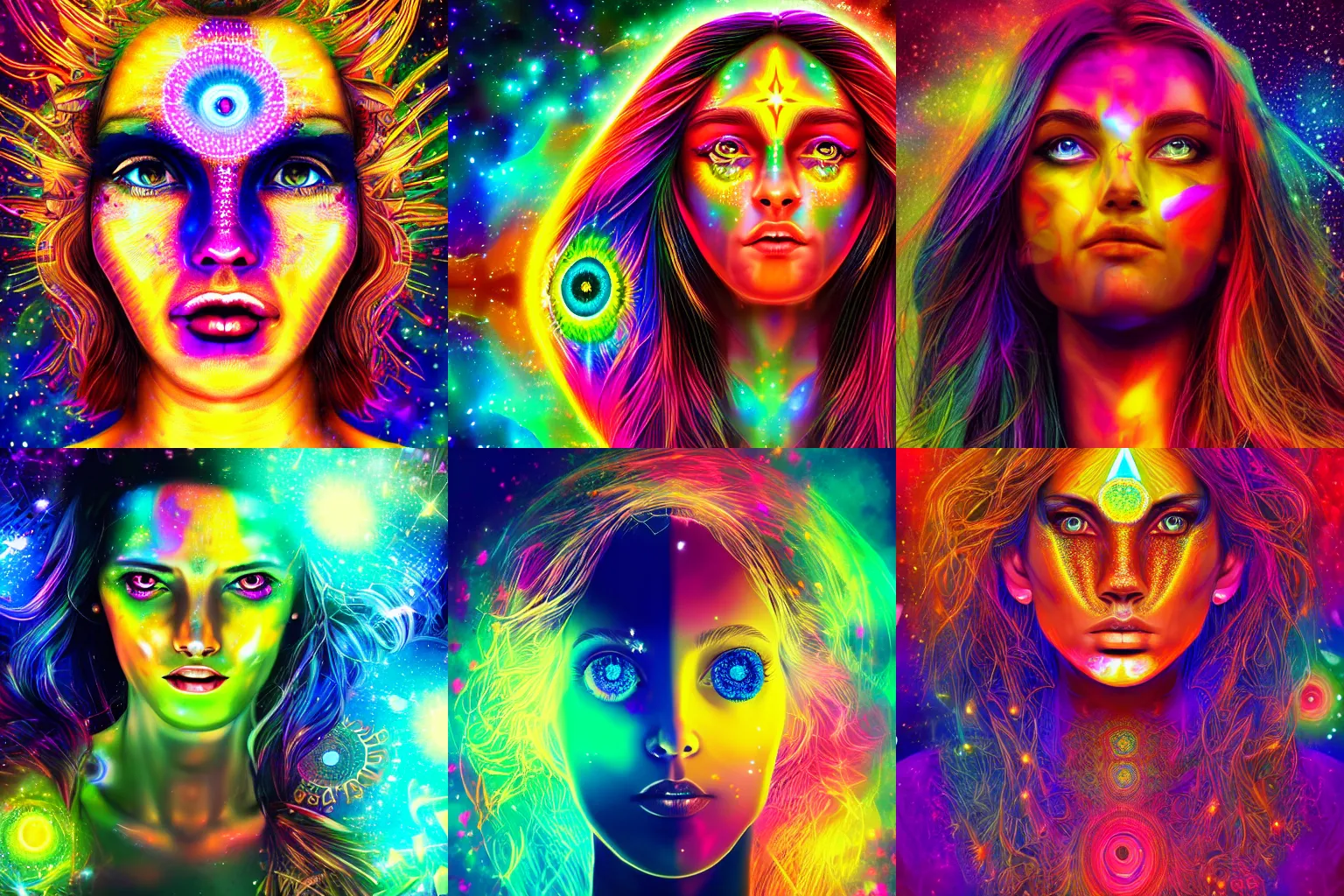 Prompt: a beautiful colorful digital head and shoulders potrait of an attractive girl with hypnotic detailed golden voilet glowing eyes and open third eye psychedelic spiritual art, space background, breathtaking stars, hyperrealistic, 4k, detailed, hyper realistic art