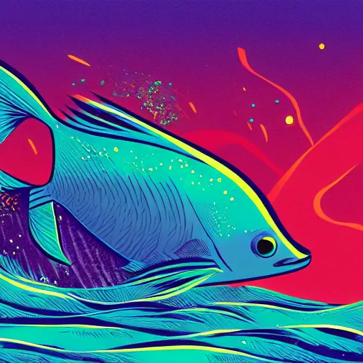 Image similar to a single highly stylized fish in the ocean, viewed in profile, closeup, seaweed, sparkles, artstation, intricate, highly detailed, digital painting, concept art, sharp focus, illustration by tom whalen and charles williams and kilian eng and james jean