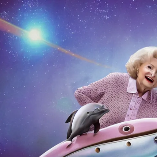 Prompt: betty white riding a saddled dolphin in space, 2 0 2 1 weta digital, cinematic vfx