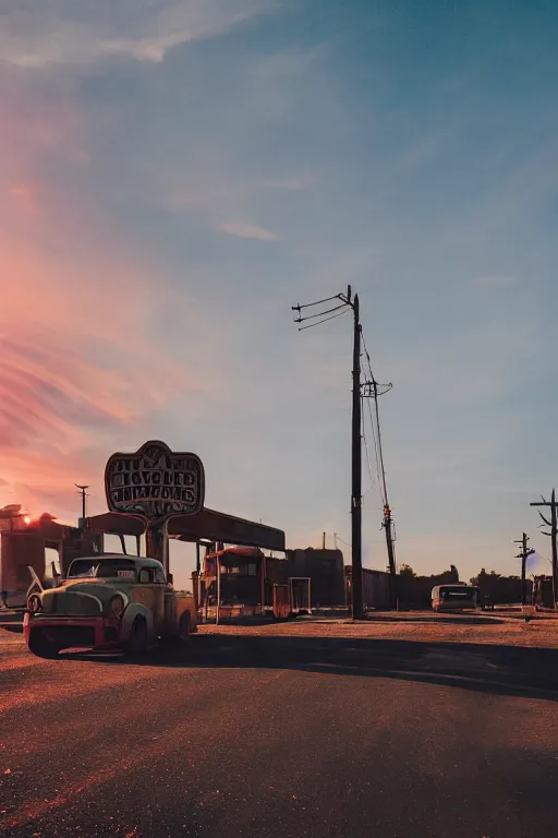 Image similar to a sunset light landscape with historical route 6 6, lots of sparkling details and sun ray ’ s, blinding backlight, smoke, volumetric lighting, colorful, octane, 3 5 mm, abandoned gas station, old rusty pickup - truck, beautiful epic colored reflections, very colorful heavenly, softlight