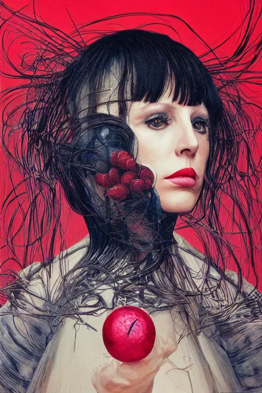 Image similar to Portrait of a woman with bangs in style of 80s surrealism art, hyper-detailed