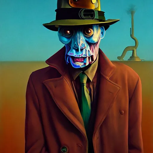 Image similar to Portrait of a steam punk detective, very coherent, painted by Francis Bacon and Edward Hopper, Wayne Barlowe, painted by James Gilleard, surrealism, airbrush, art by JamesJean