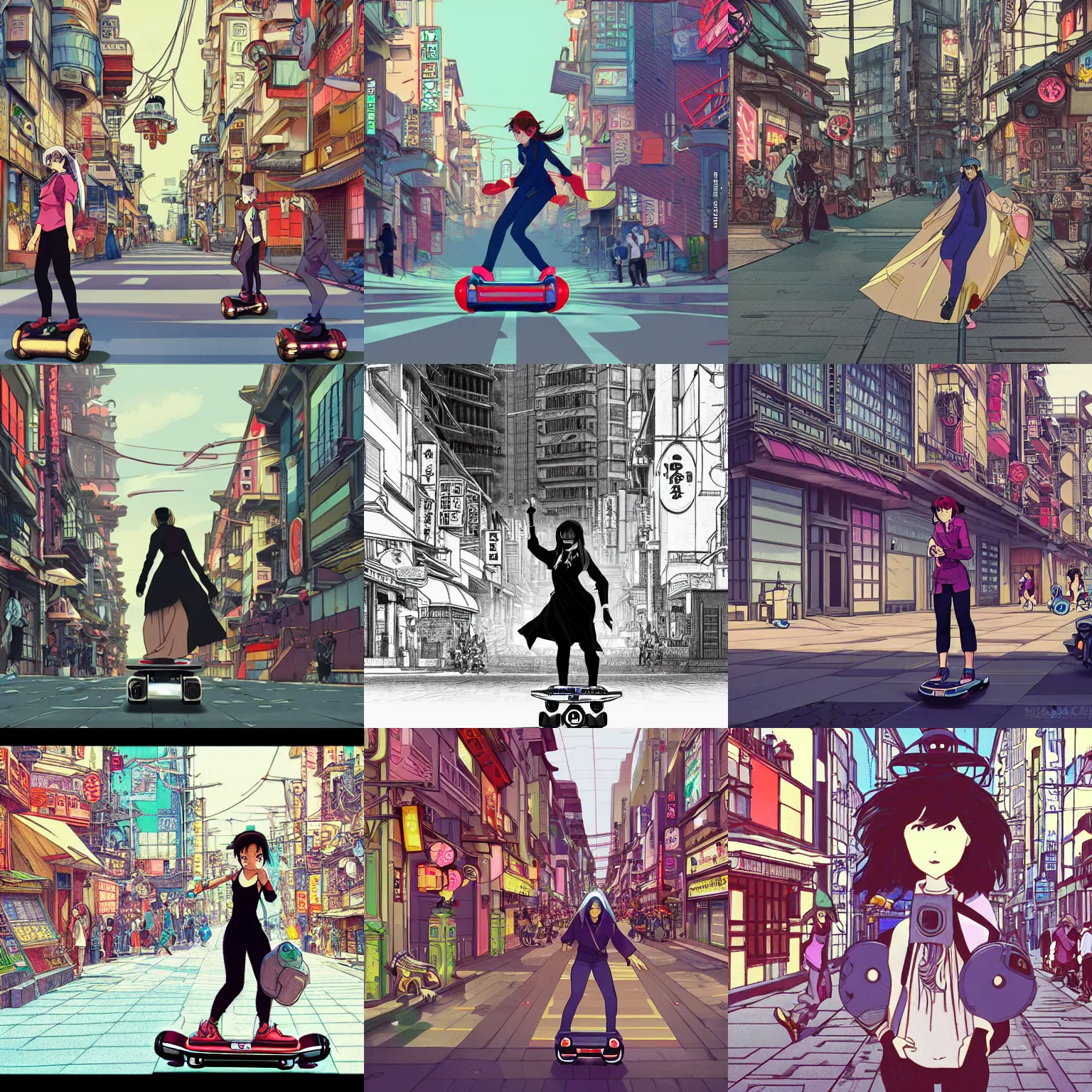 Prompt: Woman hoverboarding down a bustling cyberpunk city street, illustration, detailed shading, Hayao Miyazaki, Kyoto Animation, Alphonse Mucha, Monkey Punch