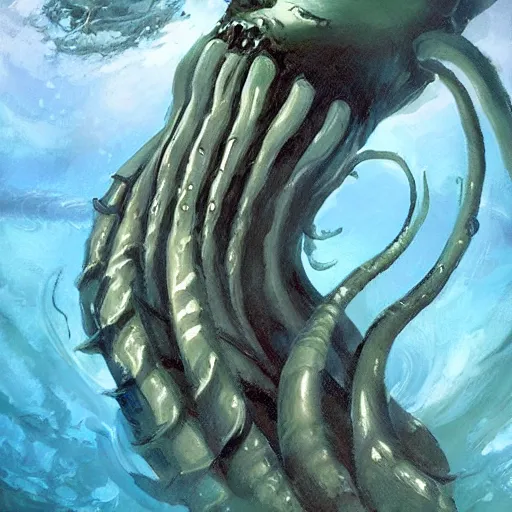 Image similar to Underwater Tentacle Pandomonium;Art by Greg Manchess, Art Direction by Jeremy Jarvis; painting spiraling inward; Deep sea horror; teeth and eyes; illustration