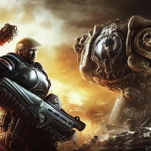 Prompt: Photo portrait of Donald Trump as Crusader!! in Gears of War, splash art, movie still, detailed face, photorealistic facial features, cinematic lighting, dramatic, octane render, long lens, shallow depth of field, bokeh, anamorphic lens flare, 8k, hyper detailed, 35mm film grain
