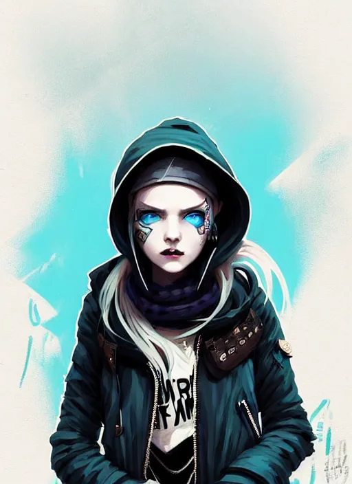 Prompt: highly detailed portrait of a sewer punk lady student, blue eyes, burberry hoodie, white hair by atey ghailan, by greg rutkowski, by greg tocchini, by james gilleard, by joe fenton, by kaethe butcher, gradient blue, black, brown and cyan color scheme, grunge aesthetic!!! ( ( graffiti tag wall background ) )