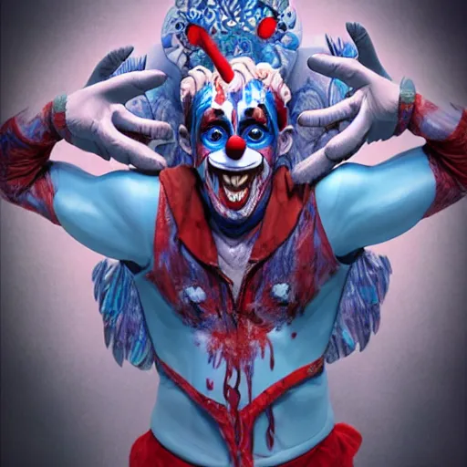 Image similar to 4K headshot of godlike clown with blue skin with defined arms and open hands and bloody clothes with giant mandala wings , white intricate scary clown makeup , flawless anime cel animation by Kentaro Miura, psychedelic , highly detailed upper body , professionally post-processed , beautiful, scary, symmetry accurate features, epic, octane rendered, anime masterpiece, accurate