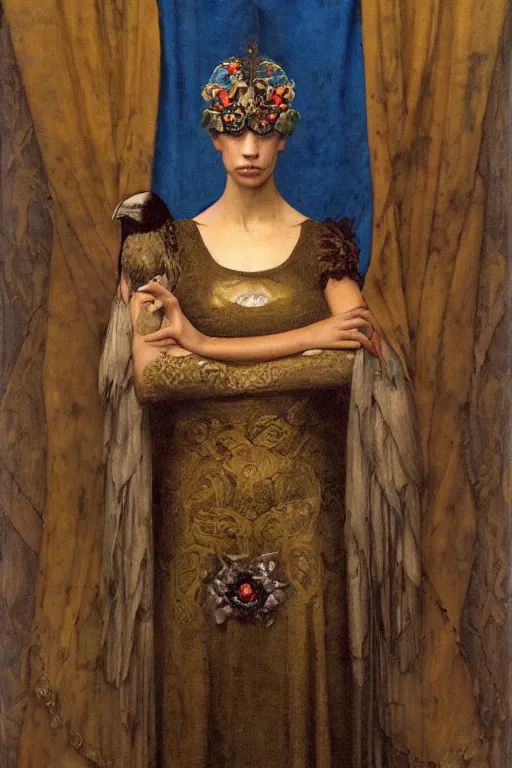 Image similar to an anthropomorphic raven dressed as a renaissance lord , by Annie Swynnerton and Nicholas Roerich and John Bauer and jean delville and John William Godward and Donato Giancola and Vermeer, satin brocade and embroidered velvet, iridescent beetles, rich color, dramatic cinematic lighting, featured on Artstation, extremely detailed