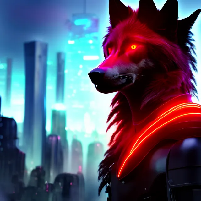 Prompt: portrait of a anthropomorphic black male wolf with long red hair wearing futuristic armor in a futuristic city | | concept art, 4 k, green volumetric lighting, highly detailed, photorealistic, trending on artstation