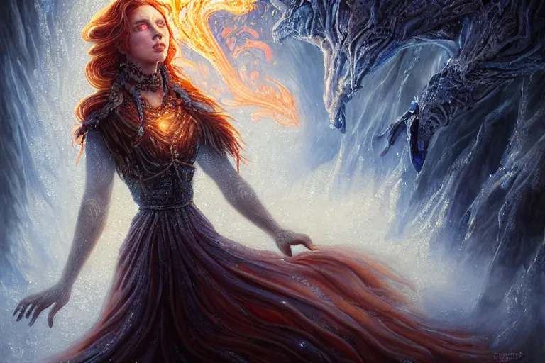 Image similar to Majestic painting of a beautiful young female fire goddess!! being corrupted by ice, intricate, epic, elegant, menacing, fantasy, highly detailed, digital painting, hard focus, beautiful volumetric lighting, epic light, ultra detailed, souls, smoke, icicle, frozen by Leesha Hannigan, Ross Tran, Thierry Doizon, Kai Carpenter, Ignacio Fernández Ríos