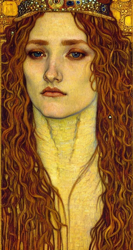 Image similar to detailed realistic beautiful young medieval queen face portrait by jean delville, gustav klimt and vincent van gogh, art nouveau, symbolist, visionary, gothic, pre - raphaelite, muted earthy colors, desaturated