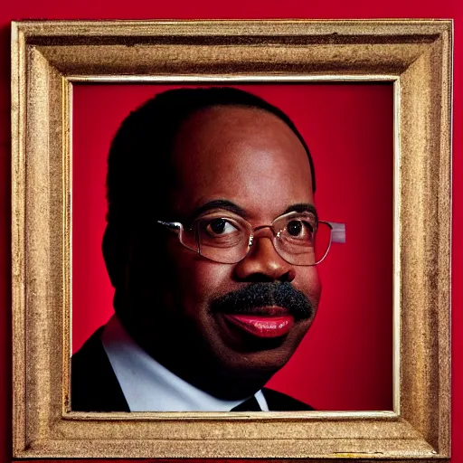 Image similar to ( ( ( portrait of leslie david baker as stanley hudson of the office television series ) ) ) a painting by igor kazarin, head to waist, light coming from the right side, red background