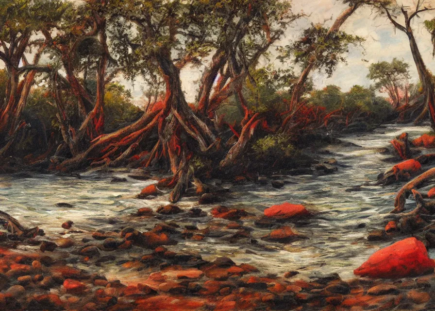 Image similar to red river with skull shaped pebbles on the shore surrounded by spikey trees, landscape, oil painting