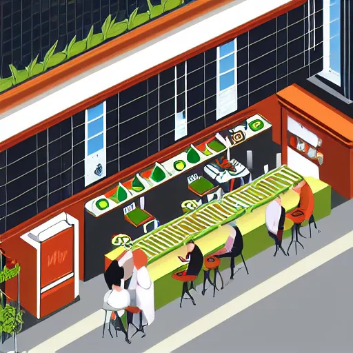 Image similar to vector drawn minimalistic line portrait of cannabis cafe, isometric, ink, digital art, shading layer complete