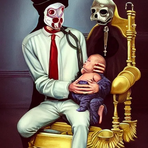 Prompt: hyper realistic painting of a handsome man symmetrical, sitting in a gilded throne, tubes coming out of the man's arm, getting a blood transfusion from a baby. plague doctor in the background created by wes andersson