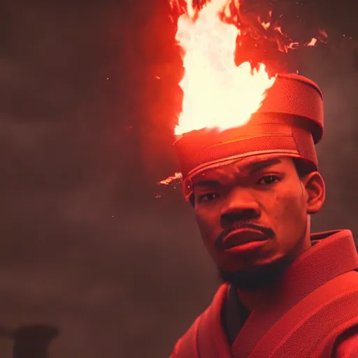 Image similar to cinematic film still of Chance The Rapper starring as a Samurai holding fire, Japanese CGI, VFX, 2022, 40mm lens, shallow depth of field, film photography