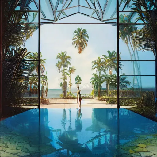 Image similar to indoor liminal space, golden light, palm trees, pink door, minimalistic, hyperrealistic surrealism, award winning masterpiece with incredible details, epic stunning, infinity pool mirrors, a surreal vaporwave liminal space with mirrors, highly detailed, trending on artstation, artgerm and greg rutkowski and alphonse mucha, daily deviation