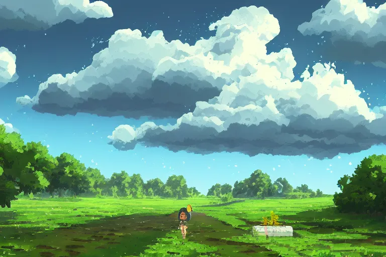 Prompt: landscape, summer, rain, morning, beautiful cloud, quiet, no people, Anime Background, illustration, sharp focus, intricate, super wide angle, trending on artstation, trending on deviantart, pixelart, pixelperfect, pixel art, pixel, color limit, nearest neighbor, hard edges, art of Kirokaze pixel, art of Regular FHC, art of Pixel Jeff Franek, art of Aaron Hain, art of kryssalian