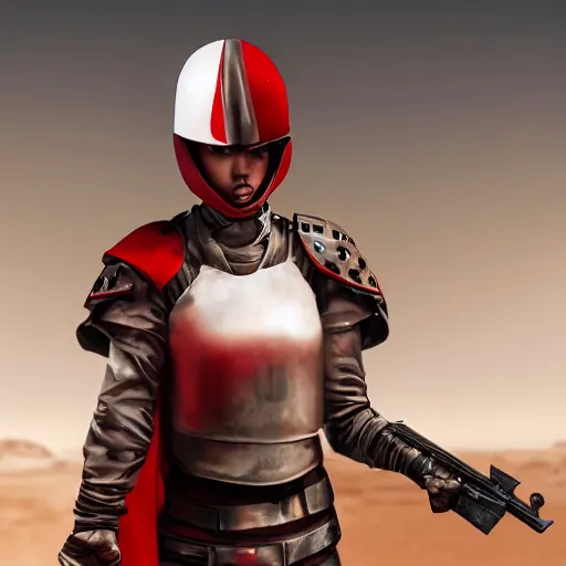 Prompt: a young female soldier wearing bloodstained glossy sleek white dinged scuffed armor and a long torn red cape, heroic posture, determined expression, elegant, no helmet, on the surface of mars, dramatic lighting, cinematic, sci-fi, hyperrealistic, detailed