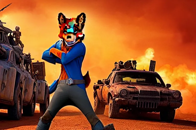 Image similar to nick wilde, heavily armed and armored facing down armageddon in a dark and gritty reboot from the makers of mad max : fury road