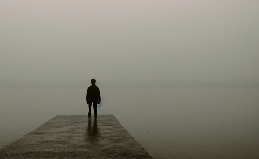 Image similar to cinematic shot of a lonely man at a suicide lake, moody scene from being john malcovich directed by charlie kaufman ( 2 0 0 1 ), foggy volumetric light morning, anamorphic lenses, kodak color film stock