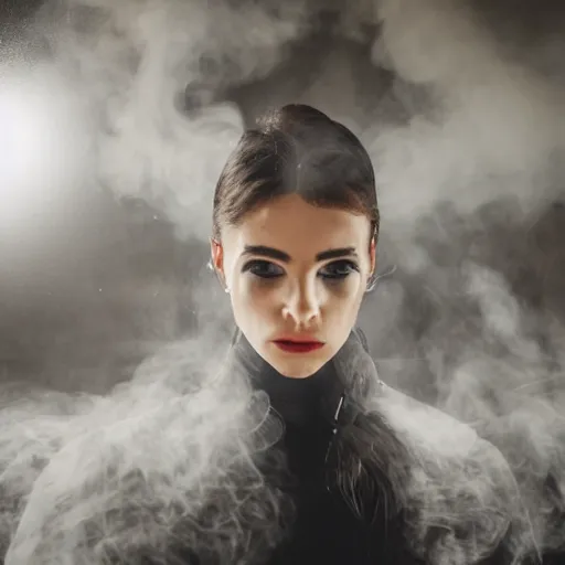 Prompt: hyperdetailed photo of a serious woman with light eyes in a cybercity, smoke behind her, hollow cheek, wearing tight suit, inside berghain, classic, photo 3 5 mm leica, hyperdetail, 8 k, very detailed, fine face