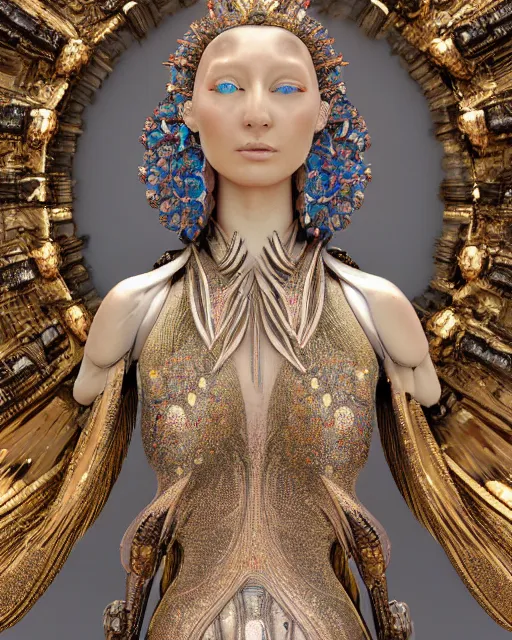 Image similar to a highly detailed metahuman 4 k close up render of an alien goddess bella hadid monument indian sculpture in iris van herpen dress schiaparelli in diamonds crystals swarovski and jewelry iridescent in style of alphonse mucha gustav klimt trending on artstation made in unreal engine 4