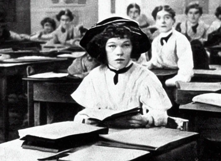 Image similar to A movie still of Lea Seydoux as school teacher in 1913 silent movie.