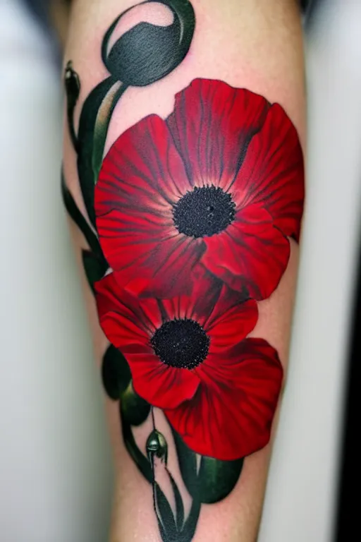 Image similar to fine line tattoo poppy, black and red